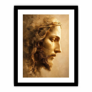 Close up portrait of Jesus with crown of thorns in golden light Christian wall art canvas
