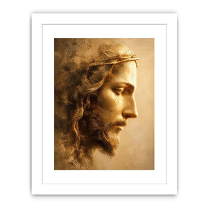 Close up portrait of Jesus with crown of thorns in golden light Christian wall art canvas