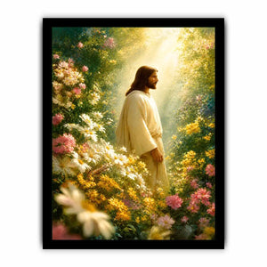Jesus standing in blooming flower garden with heavenly light Christian wall art canvas