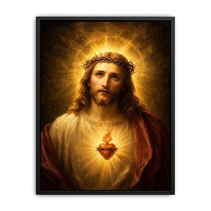 Sacred Heart Jesus portrait wall art with glowing halo and golden spiritual light canvas painting