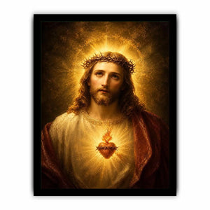 Sacred Heart Jesus portrait wall art with glowing halo and golden spiritual light canvas painting