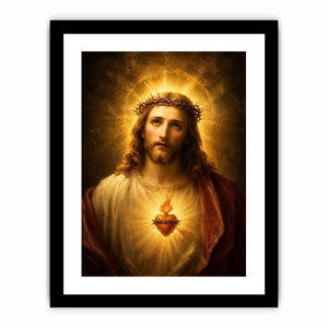 Sacred Heart Jesus portrait wall art with glowing halo and golden spiritual light canvas painting