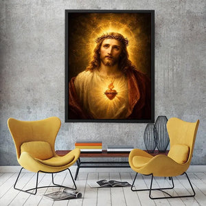Sacred Heart Jesus portrait wall art with glowing halo and golden spiritual light canvas painting