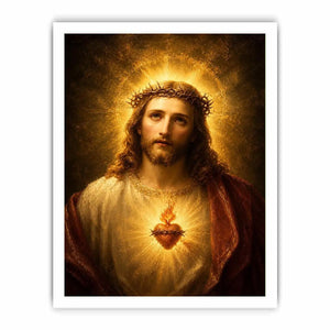 Sacred Heart Jesus portrait wall art with glowing halo and golden spiritual light canvas painting