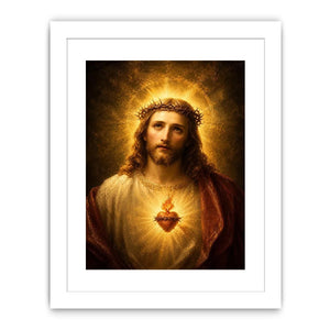Sacred Heart Jesus portrait wall art with glowing halo and golden spiritual light canvas painting
