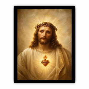 Jesus Sacred Heart portrait canvas wall art with glowing halo and golden renaissance style painting