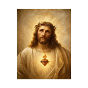Jesus Sacred Heart portrait canvas wall art with glowing halo and golden renaissance style painting