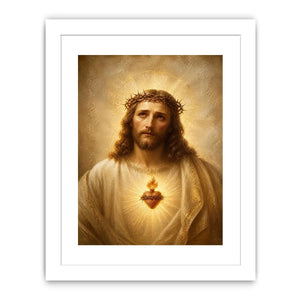 Jesus Sacred Heart portrait canvas wall art with glowing halo and golden renaissance style painting