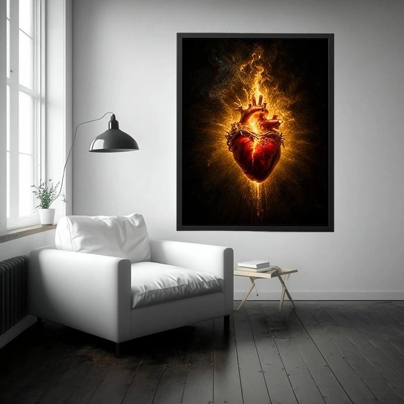 Burning sacred heart wall art with crown of thorns and glowing golden flames on dark background