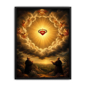 Sacred Heart of Jesus surrounded by angels in radiant heavenly clouds with glowing divine light renaissance style religious wall art canvas print