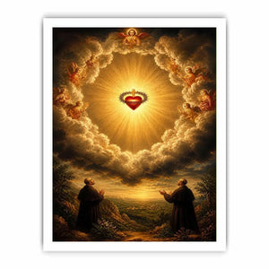 Sacred Heart of Jesus surrounded by angels in radiant heavenly clouds with glowing divine light renaissance style religious wall art canvas print