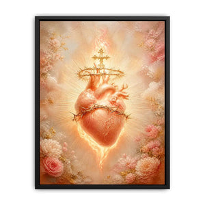 Blush Sacred Heart surrounded by pink flowers and radiant golden light in romantic renaissance style religious wall art canvas print