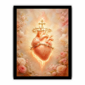 Blush Sacred Heart surrounded by pink flowers and radiant golden light in romantic renaissance style religious wall art canvas print