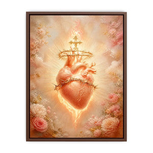 Blush Sacred Heart surrounded by pink flowers and radiant golden light in romantic renaissance style religious wall art canvas print