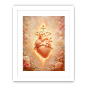 Blush Sacred Heart surrounded by pink flowers and radiant golden light in romantic renaissance style religious wall art canvas print