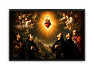 Radiant Sacred Heart surrounded by angels and saints in heavenly golden light baroque renaissance religious wall art canvas print