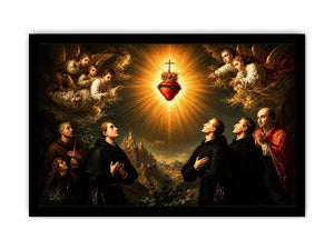 Radiant Sacred Heart surrounded by angels and saints in heavenly golden light baroque renaissance religious wall art canvas print