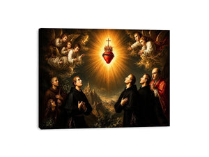 Radiant Sacred Heart surrounded by angels and saints in heavenly golden light baroque renaissance religious wall art canvas print