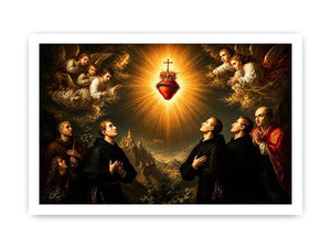 Radiant Sacred Heart surrounded by angels and saints in heavenly golden light baroque renaissance religious wall art canvas print