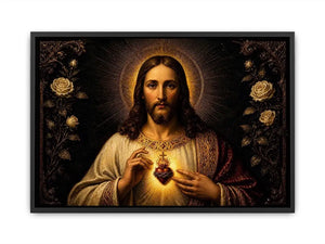 Sacred Heart of Jesus wall art with glowing divine heart and ornate black gold renaissance religious painting