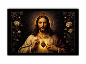 Sacred Heart of Jesus wall art with glowing divine heart and ornate black gold renaissance religious painting