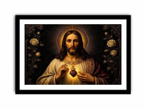 Sacred Heart of Jesus wall art with glowing divine heart and ornate black gold renaissance religious painting