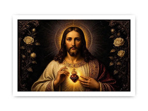 Sacred Heart of Jesus wall art with glowing divine heart and ornate black gold renaissance religious painting