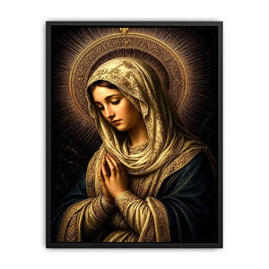 Virgin Mary prayer wall art with glowing gold halo dark renaissance Christian canvas painting for luxury spiritual decor