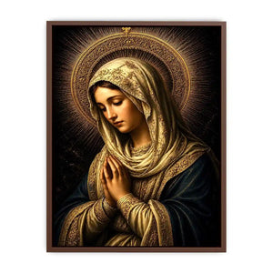 Virgin Mary prayer wall art with glowing gold halo dark renaissance Christian canvas painting for luxury spiritual decor