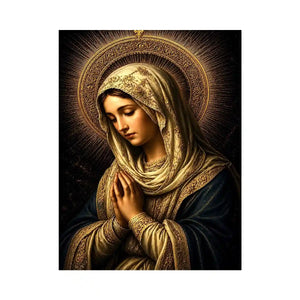 Virgin Mary prayer wall art with glowing gold halo dark renaissance Christian canvas painting for luxury spiritual decor