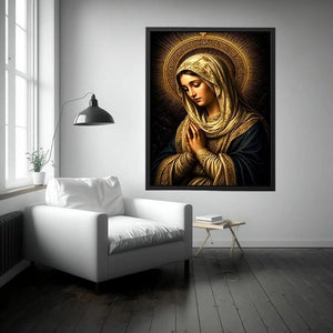 Virgin Mary prayer wall art with glowing gold halo dark renaissance Christian canvas painting for luxury spiritual decor