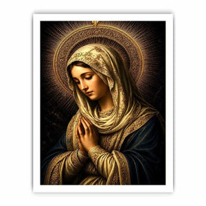 Virgin Mary prayer wall art with glowing gold halo dark renaissance Christian canvas painting for luxury spiritual decor