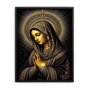 Sacred Midnight Madonna wall art featuring Virgin Mary praying with radiant golden halo in black and gold renaissance style religious canvas artwork