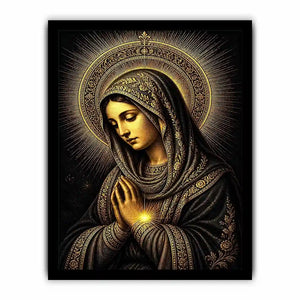 Sacred Midnight Madonna wall art featuring Virgin Mary praying with radiant golden halo in black and gold renaissance style religious canvas artwork