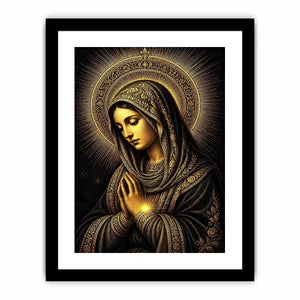 Sacred Midnight Madonna wall art featuring Virgin Mary praying with radiant golden halo in black and gold renaissance style religious canvas artwork