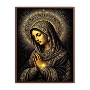 Sacred Midnight Madonna wall art featuring Virgin Mary praying with radiant golden halo in black and gold renaissance style religious canvas artwork