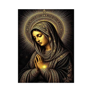 Sacred Midnight Madonna wall art featuring Virgin Mary praying with radiant golden halo in black and gold renaissance style religious canvas artwork