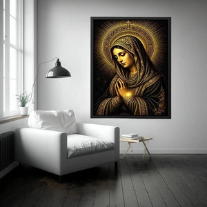 Sacred Midnight Madonna wall art featuring Virgin Mary praying with radiant golden halo in black and gold renaissance style religious canvas artwork