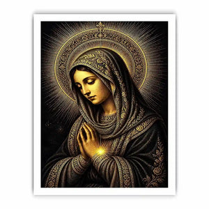 Sacred Midnight Madonna wall art featuring Virgin Mary praying with radiant golden halo in black and gold renaissance style religious canvas artwork