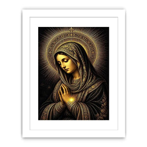 Sacred Midnight Madonna wall art featuring Virgin Mary praying with radiant golden halo in black and gold renaissance style religious canvas artwork
