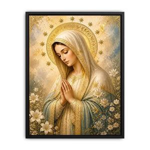 Heavenly Grace Madonna wall art featuring Virgin Mary praying with gold halo stars and floral details in luxury renaissance religious canvas style