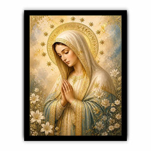 Heavenly Grace Madonna wall art featuring Virgin Mary praying with gold halo stars and floral details in luxury renaissance religious canvas style