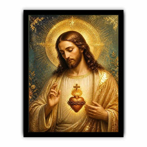 Divine Sacred Heart of Jesus wall art featuring glowing golden halo and sacred heart in renaissance style Christian canvas artwork