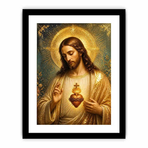 Divine Sacred Heart of Jesus wall art featuring glowing golden halo and sacred heart in renaissance style Christian canvas artwork
