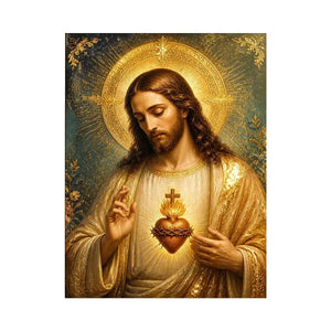 Divine Sacred Heart of Jesus wall art featuring glowing golden halo and sacred heart in renaissance style Christian canvas artwork