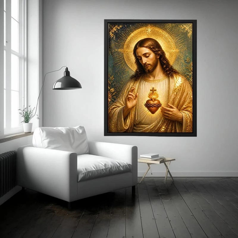 Divine Sacred Heart of Jesus wall art featuring glowing golden halo and sacred heart in renaissance style Christian canvas artwork