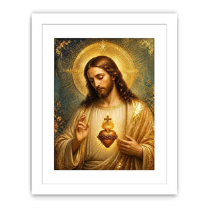 Divine Sacred Heart of Jesus wall art featuring glowing golden halo and sacred heart in renaissance style Christian canvas artwork