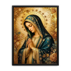 Luxury Virgin Mary wall art with gold halo blue robe and celestial floral religious canvas painting