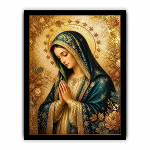 Luxury Virgin Mary wall art with gold halo blue robe and celestial floral religious canvas painting