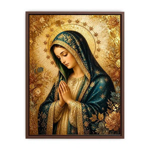 Luxury Virgin Mary wall art with gold halo blue robe and celestial floral religious canvas painting